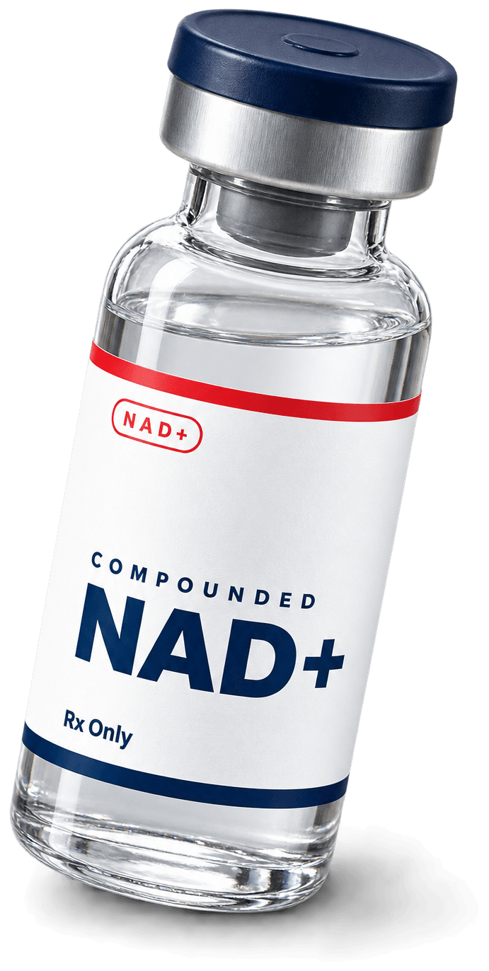 A vial of compounded NAD+ with a navy cap and NAD+ label