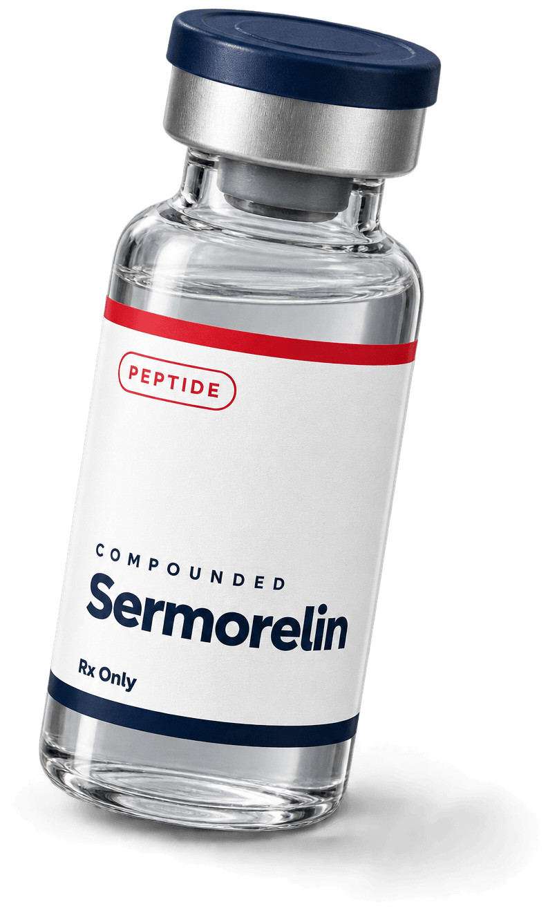 A vial of compounded sermorelin with a navy cap and peptide label